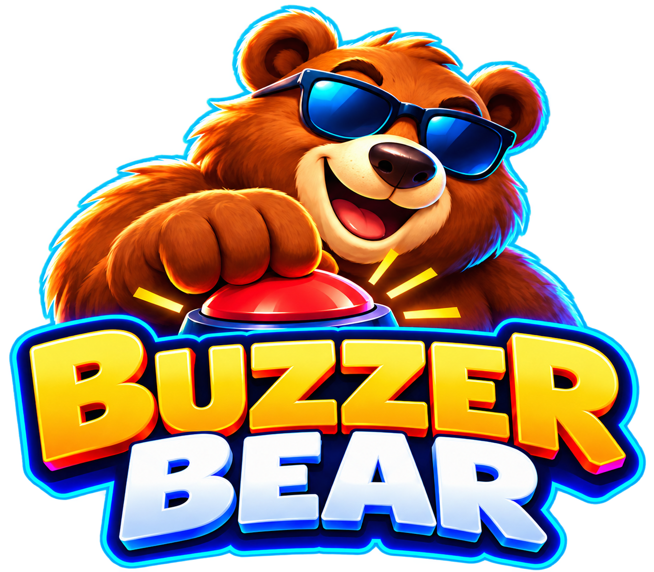 Buzzer Bear, a smiling bear wearing sunglasses and hitting a buzzer
